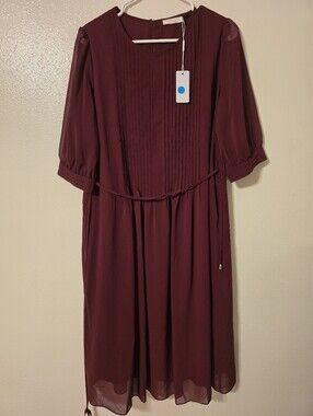 WLDRSD Burgundy Pleated Chiffon Midi Dress Size L – New With Tags